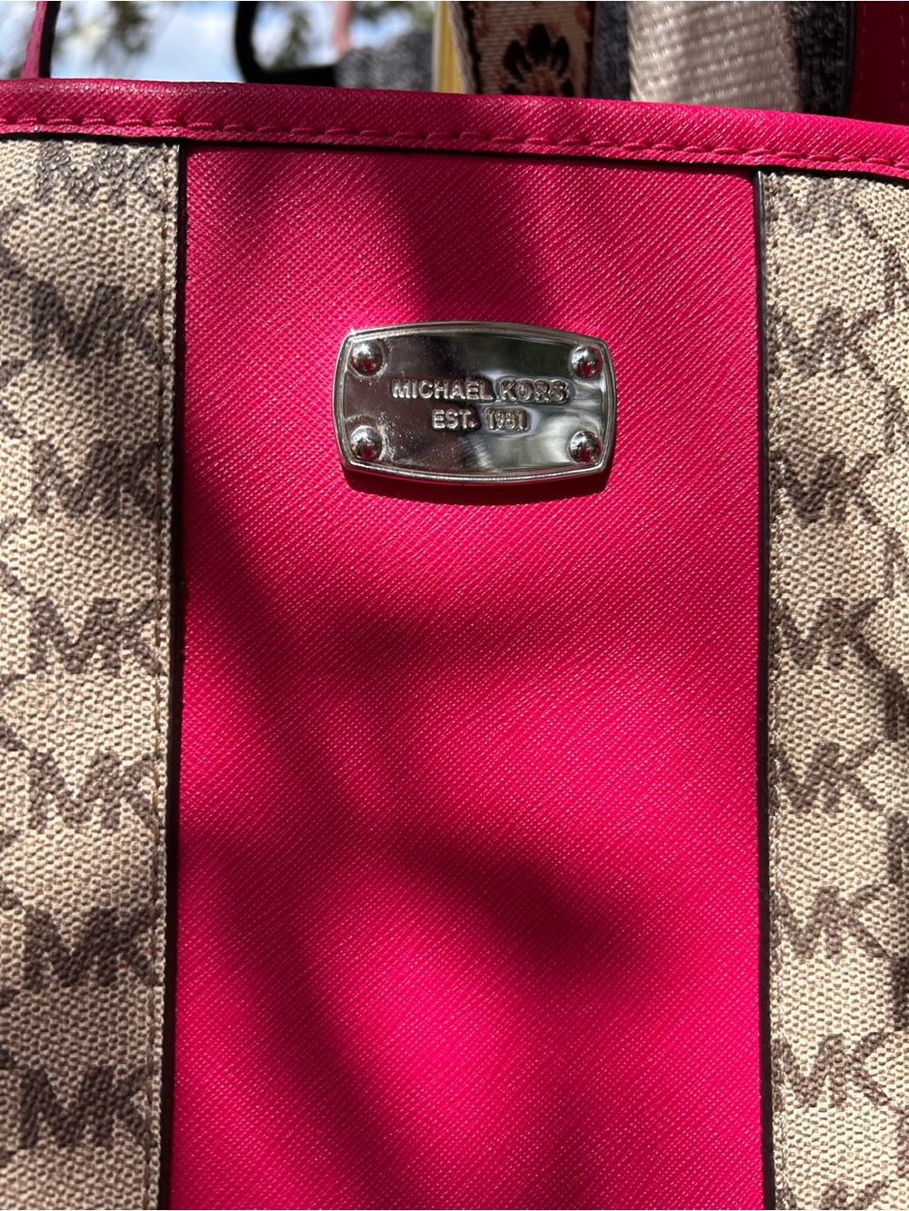 Michael Kors Beige MK Logo Tote with Pink Center Stripe - Picture 2 of 5